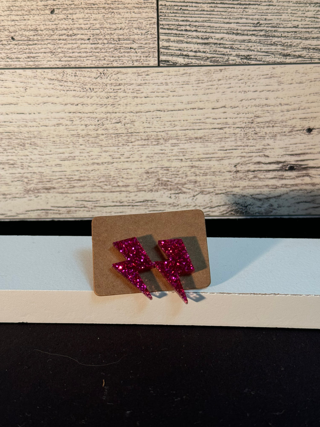 Pink Glitter Lightening Bolt Studs