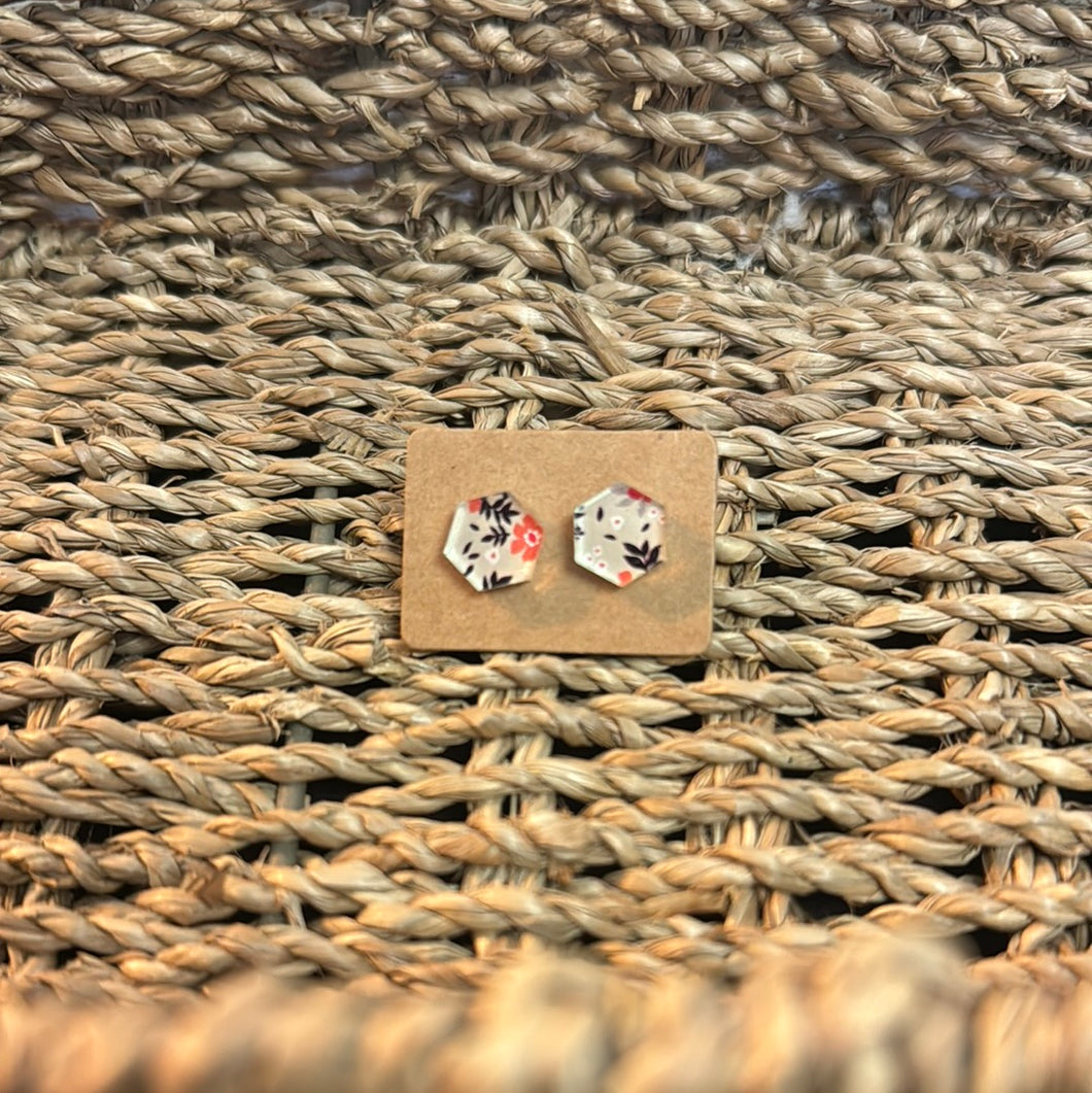 Gray Floral Print Studs