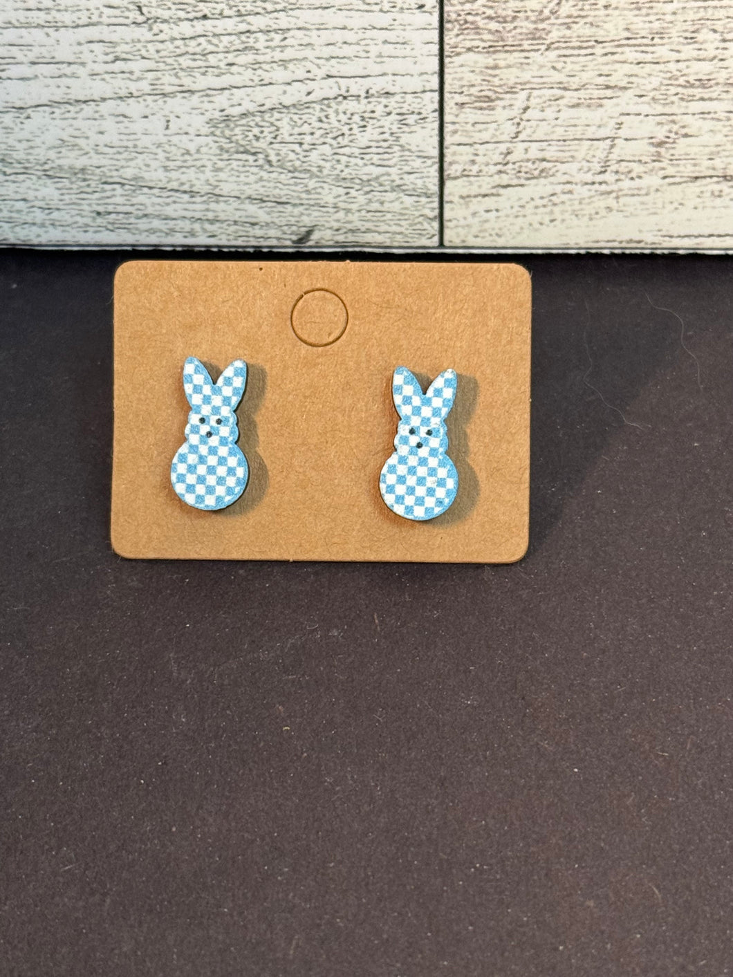 Blue checkered bunny studs