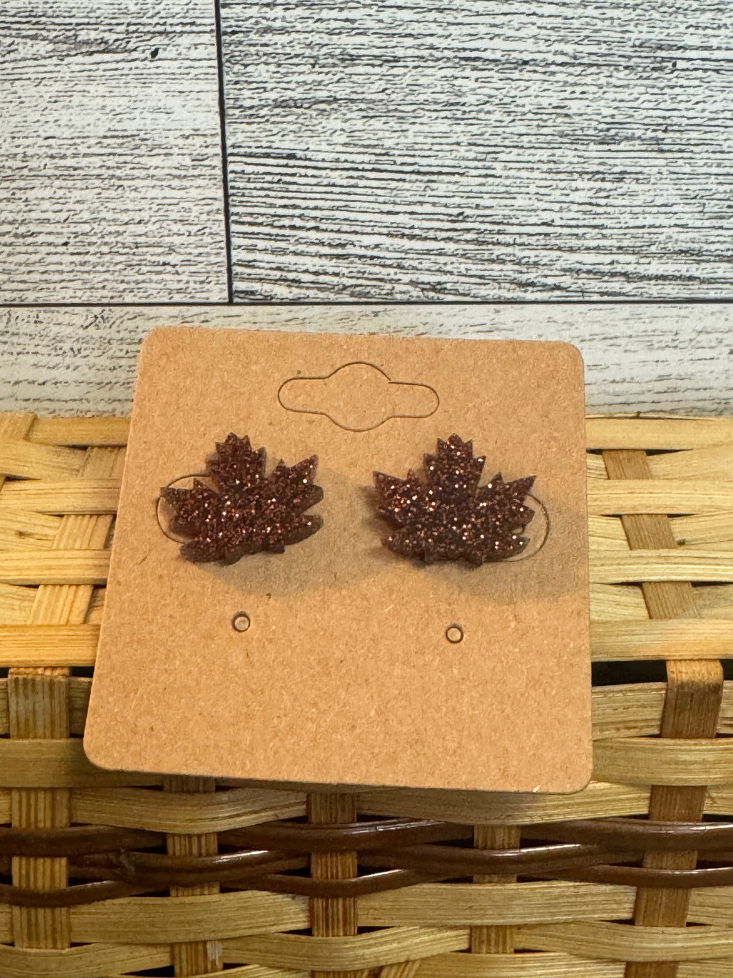 Brown Glitter Leaf Studs