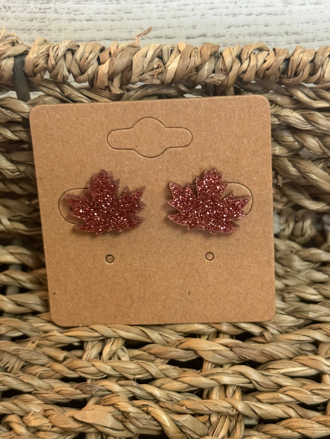Pink Glitter Leaf Studs