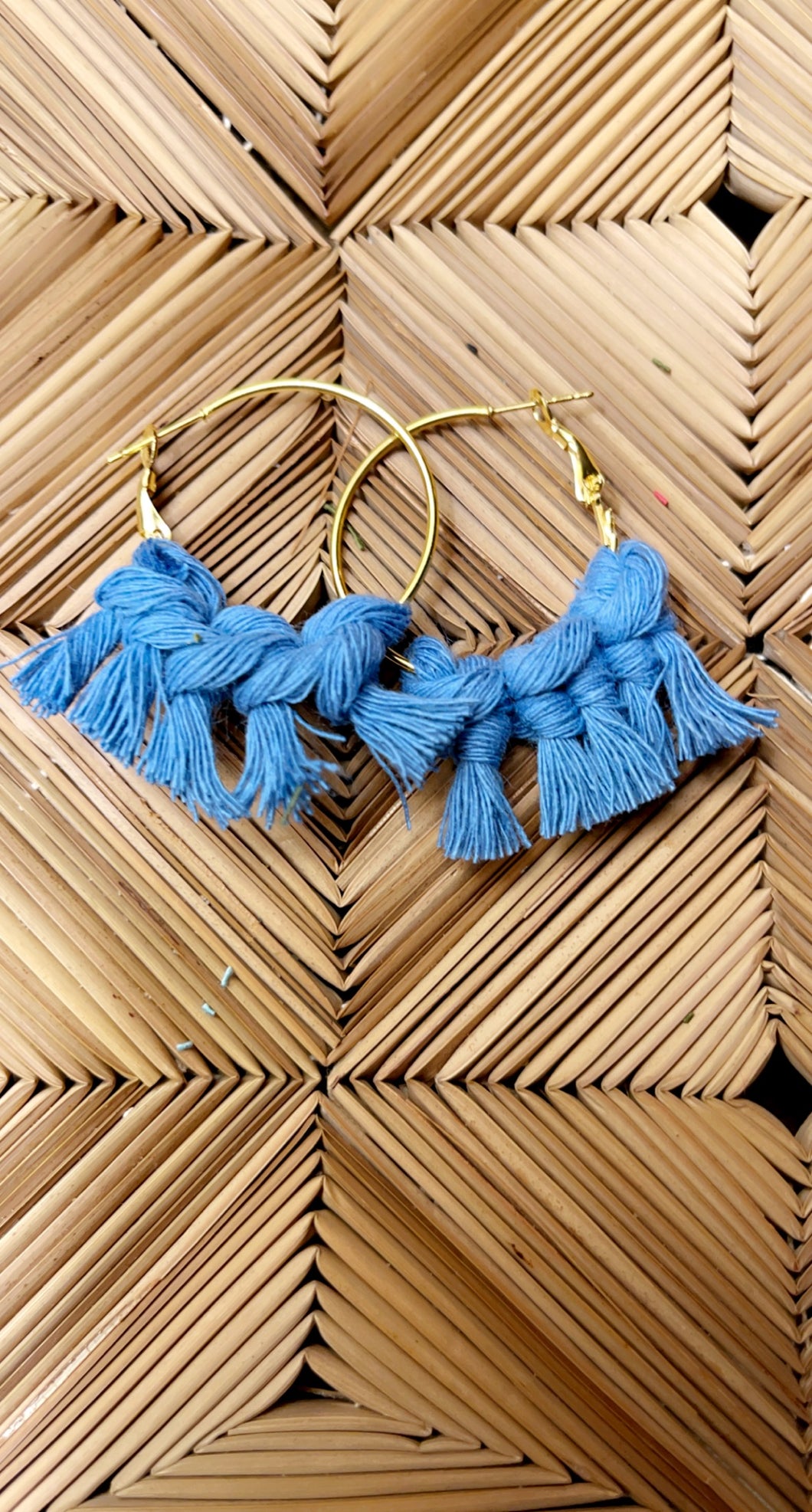 Macrame Medium Gold Hoops Light Blue Earrings