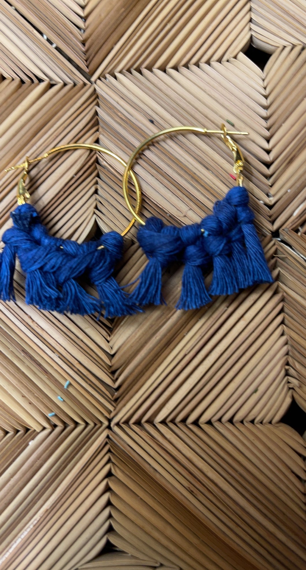 Macrame Medium Gold Hoops Navy Earrings