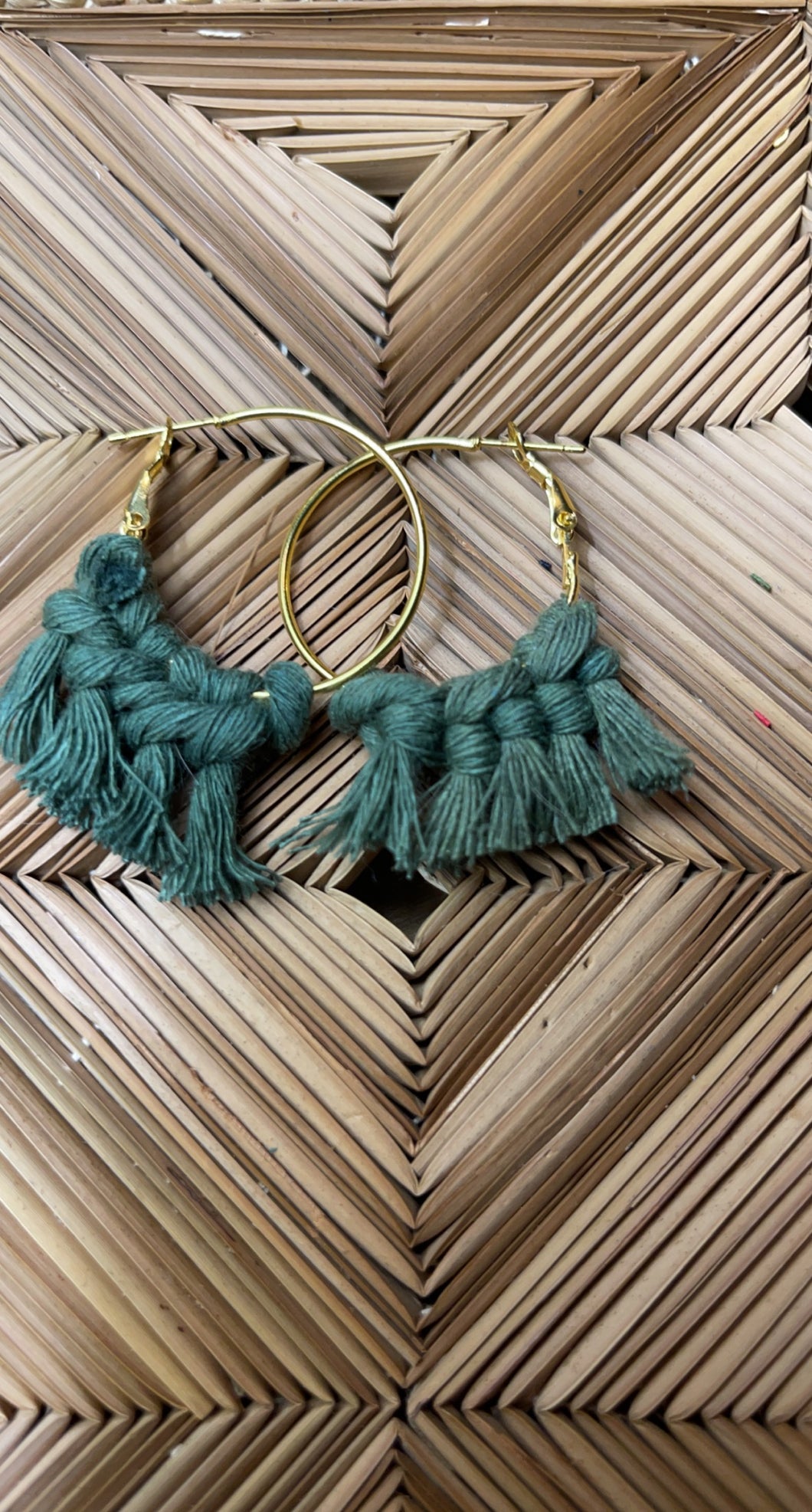 Macrame Medium Gold Hoops Olive Green Earrings