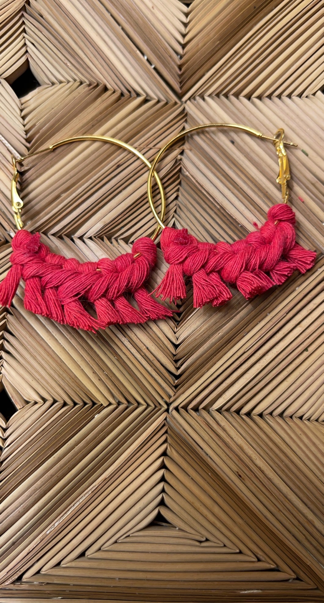 Macrame Large Gold Hoops Red Earrings
