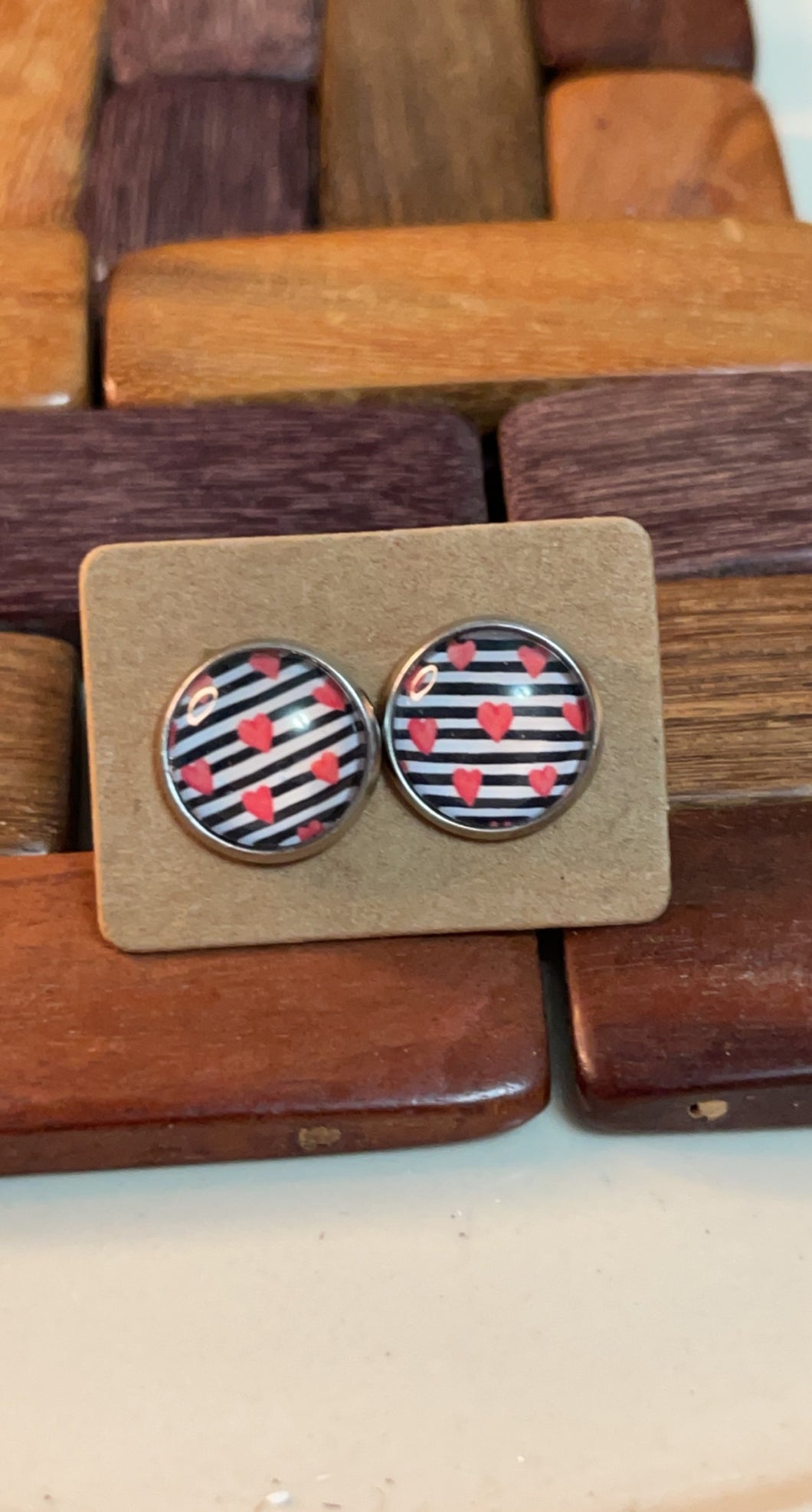 Black Stripe Hearts Studs*