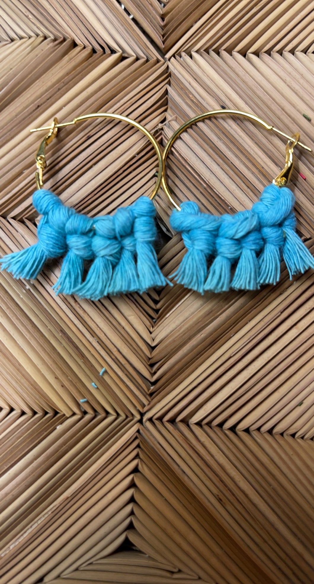 Macrame Medium Gold Hoops Teal Earrings
