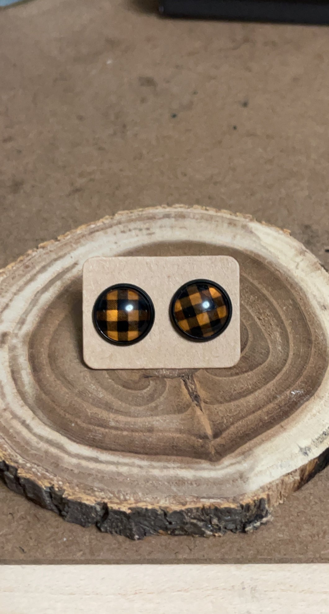 Orange and Black Check Stud Earrings