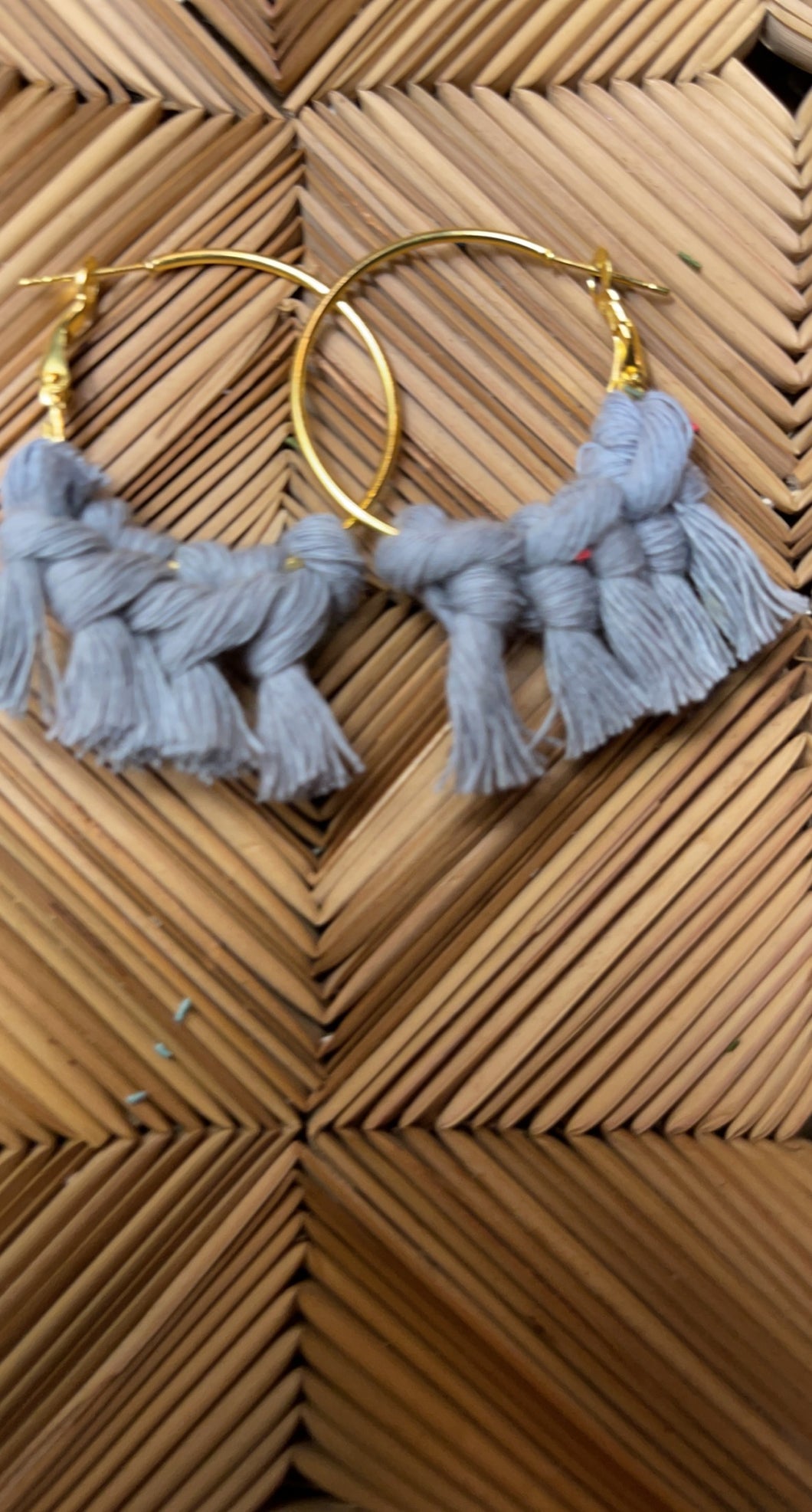 Macrame Medium Gold Hoop Gray Earrings