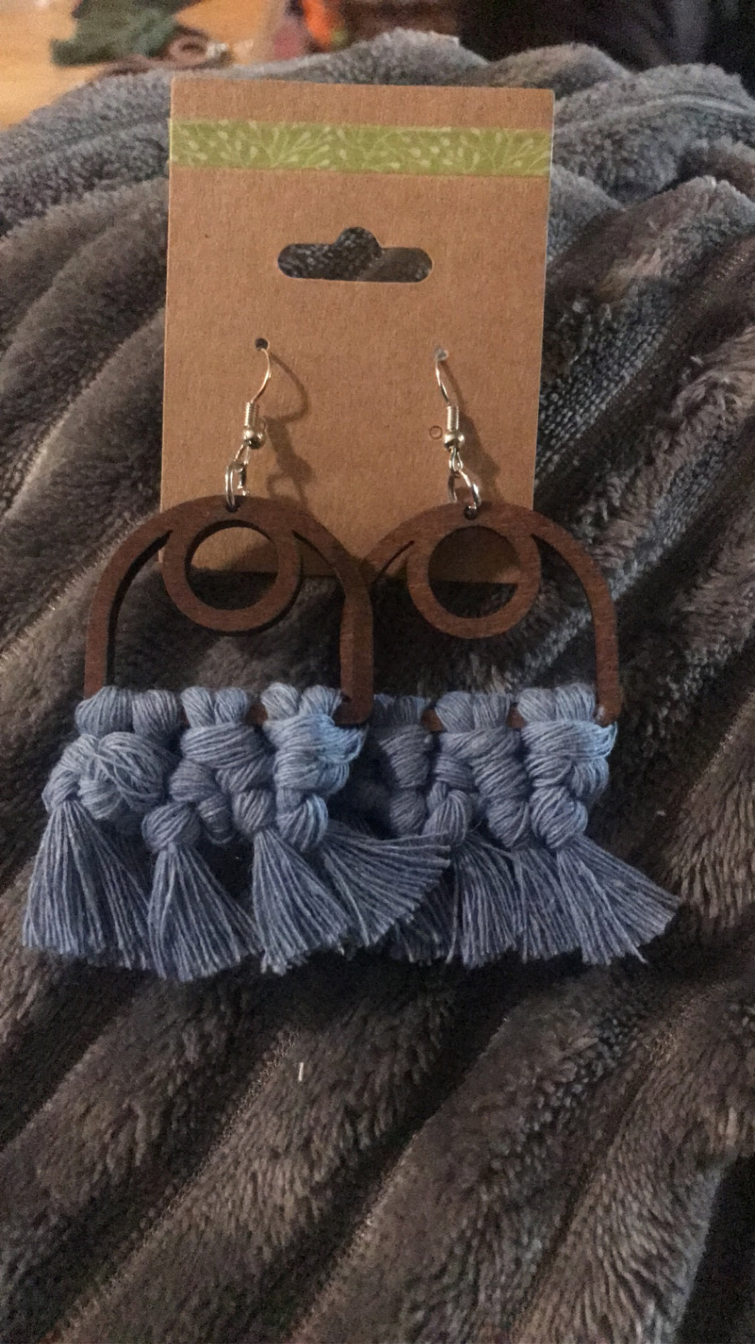 Wooden and Light Blue Macrame Earrings